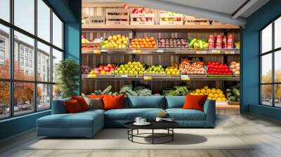 Assortment of Fresh Fruits and Vegetables Displayed on Shelves in Grocery Store for Fresh Produce, Shopping, and Healthy Eating Concepts Wall mural