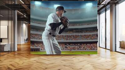 Baseball player throws the ball on professional baseball stadium Wall mural