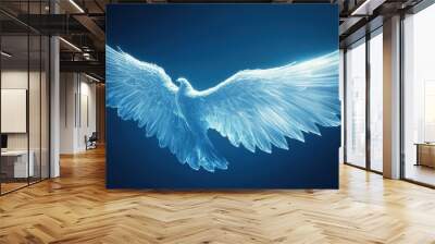 Glowing White Bird Wings on Blue Background Wall mural