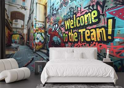 Graffiti Welcome to the Team Street Art. Vibrant street art with graffiti text 