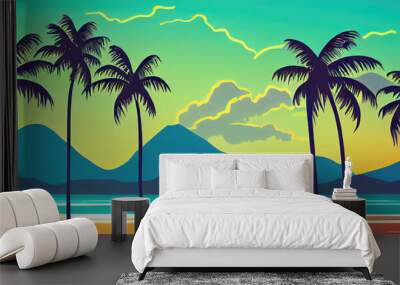 Beach sky sea vacation palm trees, illustration Wall mural