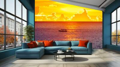 adventure on lonely boat with cloudy sky and beautiful sunset in the background, puerto vallarta jalisco Wall mural