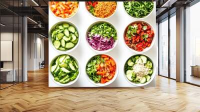 Brightly colored bowls filled with fresh vegetables, greens, and grains showcase a delightful variety of healthy salad options at a bustling market Wall mural