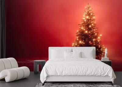 Christmas tree on the background of a red empty wall Wall mural