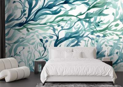 Green underwater seaweed seamless pattern background. Generative AI Wall mural