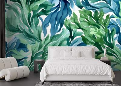 Green underwater seaweed seamless pattern background. Generative AI Wall mural