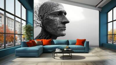 Human head with tree branches. Generative AI Wall mural