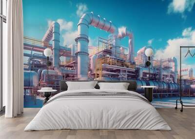 Petrochemical plant illustration. Generative AI Wall mural