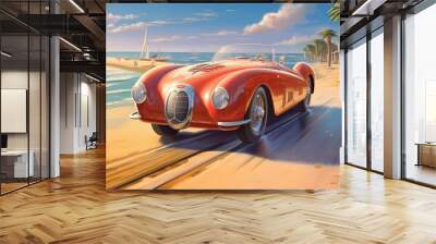 Vintage car on a summer sea beach, driving along the ocean. Road trip travel. Generative AI Wall mural