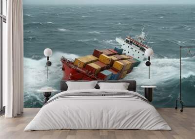 Cargo ship with containers split half storm unfolding ocean tragic disaster scene. Ai generated. Wall mural