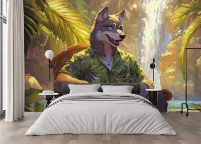 Charismatic Wolf in Trendy Tropical Shirt: A Vibrant Summer Poster for Your Sports Room, Surrounded by Palm Trees and a Relaxing Waterfall! Wall mural