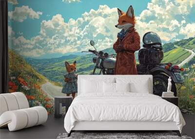 Charming Fox Duo: Stylish Mother in Chic Coat with Baby in Cute Dress by Classic Motorcycle - Perfect for a Vibrant Country Road Poster in Your Sporty Interior! Wall mural