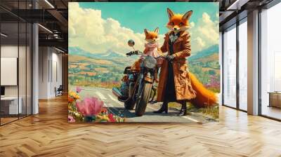 Charming Fox Duo: Stylish Mother in Chic Coat with Baby in Cute Dress by Classic Motorcycle - Perfect for a Vibrant Country Road Poster in Your Sporty Interior! Wall mural