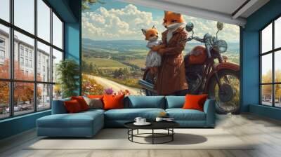 Charming Fox Duo: Stylish Mother in Chic Coat with Baby in Cute Dress by Classic Motorcycle - Perfect for a Vibrant Country Road Poster in Your Sporty Interior! Wall mural