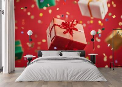 Christmas Gift Close-up with Confetti and Presents on Red Background, Holiday Celebration Concept Generative AI Wall mural