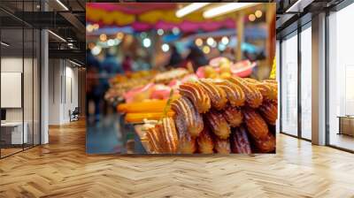 Churros.Traditional Mexican and Spanish dessert.Street food.Fresh sugar churros.A vibrant market stall selling churros, with the churros in the foreground and a blurred background  Wall mural