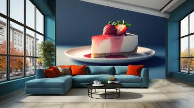 Close-up of a strawberry-topped cheesecake slice drizzled with strawberry sauce on a white plate. Wall mural