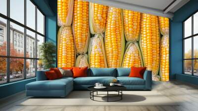 Close-up of multiple fresh yellow corn on the cob with husks, showcasing ripe kernels. Ideal for agricultural and culinary uses. Wall mural