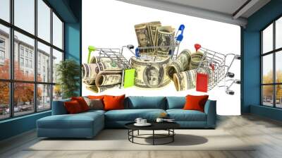 Close up view of three shopping carts filled with rolled dollar bills.  Wall mural