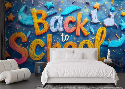 Colorful Back to School Text with Stars and Moons. AI generated Wall mural