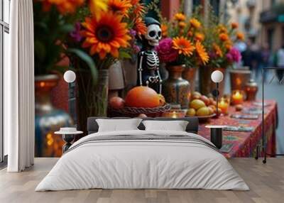 Colorful Día de los Muertos altar adorned with flowers, candles, and traditional offerings in a lively street setting Wall mural