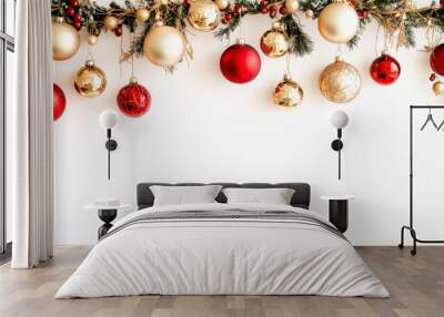 Colorful gold and red ornaments hang gracefully from lush greenery, adding a vibrant touch to a blank white backdrop and embodying holiday cheerfulness Wall mural