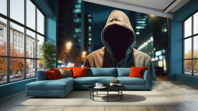 Computer hacker in a sweatshirt with a hood on a dark background with abstract lines. Information Security. Cheater. Darknet. Deep web. Generative AI Wall mural