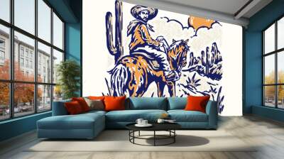 cowboy riding horse illustration Wall mural