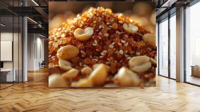 Golden Brown Roasted Sesame Seeds And Peanuts Bound Together By Sugar To Form A Delicious Snack Wall mural