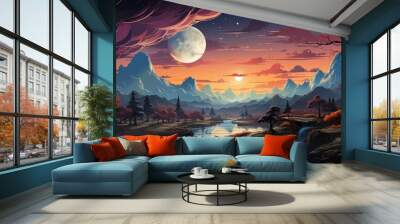 Planet Earth Sunrise Moon Spac, Background Banner HD, Illustrations , Cartoon style Wall mural