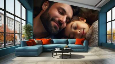 Cute little girl sleeping with her father on bed at home. Generative AI Wall mural