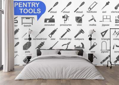 Collection of dark full icons of carpentry tools. Tool for a carpentry workshop with the name. Vector illustration. Wall mural