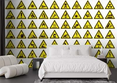 Collection of warning and safety signs. Set of safety and caution signs. Triangular yellow signs. Wall mural