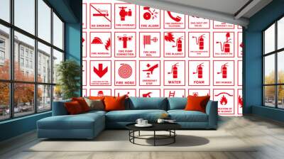 Fire protection signs. Red signs used in fire warning. Wall mural