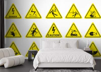 High voltage sign. Triangular yellow electrical hazard signs. Vector illustration. Wall mural