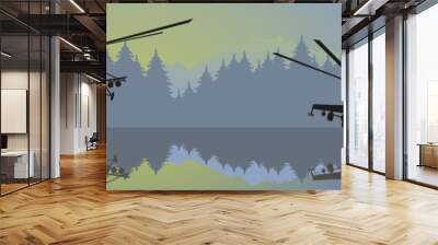 PrintAgainst the background of nature, silhouettes of flying military equipment. Helicopters fly over the river. Wall mural