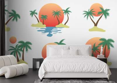 Silhouettes of palm trees. Colorful tropical set. Waiting for summer. The sea and the beach. Wall mural