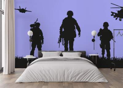 Squad soldier silhouette vector, warrior at war. Silhouette of the military with weapons during training. Wall mural