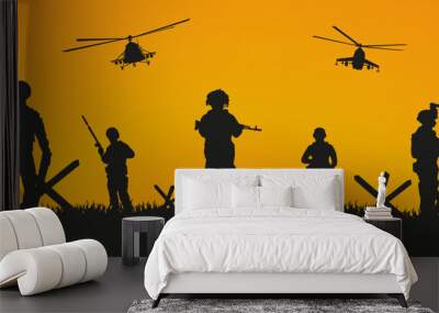 The military is moving forward. Silhouette of soldiers with weapons at the end of the battle. Wall mural