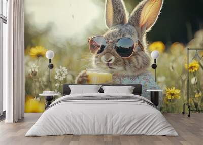 Decorate Your Space with Style: Chic Rabbit in Trendy Shades and Pastel Outfit Enjoying a Refreshing Drink in a Wildflower Meadow – Perfect Poster for a Sporty Interior! Wall mural