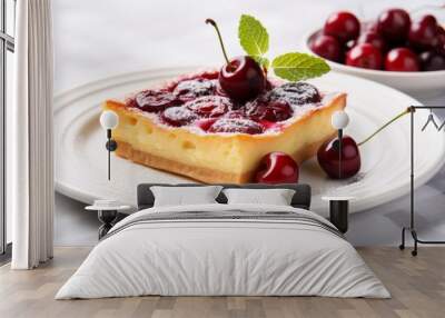 Delicious French Clafoutis Cherry Flan on White Background AI Generated Wall mural