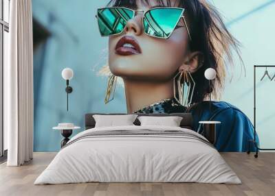 Edgy High-Fashion Poster: Glossy Black Leather Jacket with Gold Holographic Details, Deep Green Sunglasses, and Bold Accessories for a Striking Interior Design Accent Wall mural