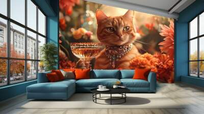 Elegant Posh Cat with Luxurious Jewelry Enjoying a Fancy Drink Among Blooming Flowers - Perfect Poster for Chic Home Decor or Stylish Café Interior Wall mural