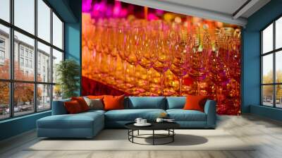 Empty wine glasses, glasses for wine stand in even rows in a restaurant Wall mural