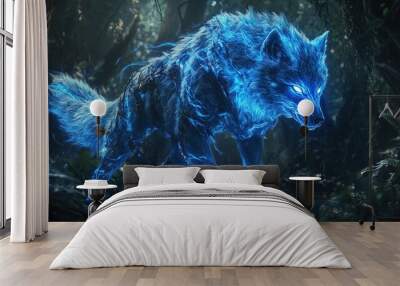 Enchanting Supernatural Wolf: A Striking Poster for Sports Decor Featuring a Luminous Blue-Furred Creature in a Magical Forest Wall mural