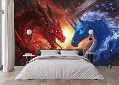 Epic Showdown: Fiery Red Dragon vs. Majestic Blue Unicorn - Stunning Poster for Sports Interior with Starry Stripes Background, Perfect for Unique Wall Art! Wall mural