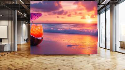 Exotic Neon Orange Tropical Drink in Coconut Shell: Perfect Sunset Beach Poster for Sporty Interiors, Capturing Waves and Relaxation on Sandy Shores Wall mural