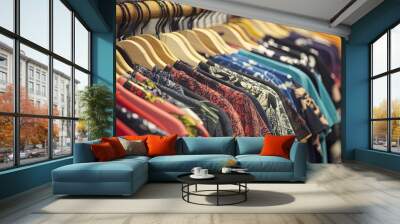 Explore Our Vibrant T-Shirt Collection: A Playful Rack of Colorful Designs Perfect for Your Sporty Décor Poster! Wall mural