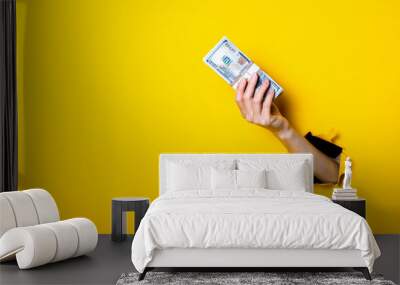 Female hand holds a bundle of dollars money bills on a yellow background Wall mural