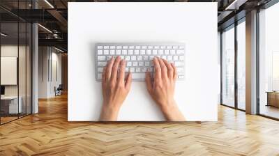 Female hands on the keyboard on a white background. Top view, flat lay Wall mural